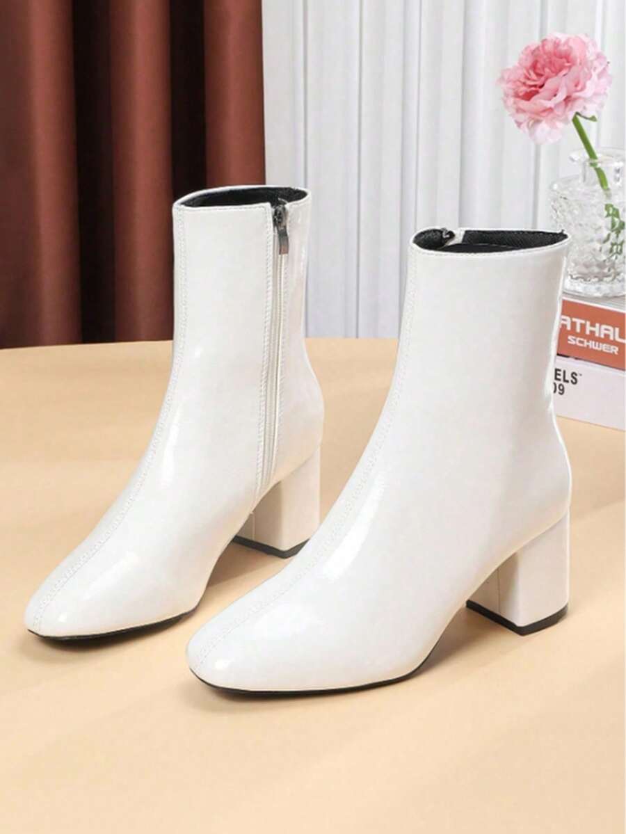 Autumn And Winter Women's Ankle Boots, White, Red, Black, Thick Heel, Side Zipper, Simple And Comfortable - 白色 - 查看 1