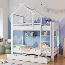 (29945960WAA) Bunk Bed With Drawers And Shelves, House Bed With Three-Step Right-Angled Ladder, Children's Bed With Fall Protection And Railing, Pine Wood Frame, White (90x200cm) - White - View 1