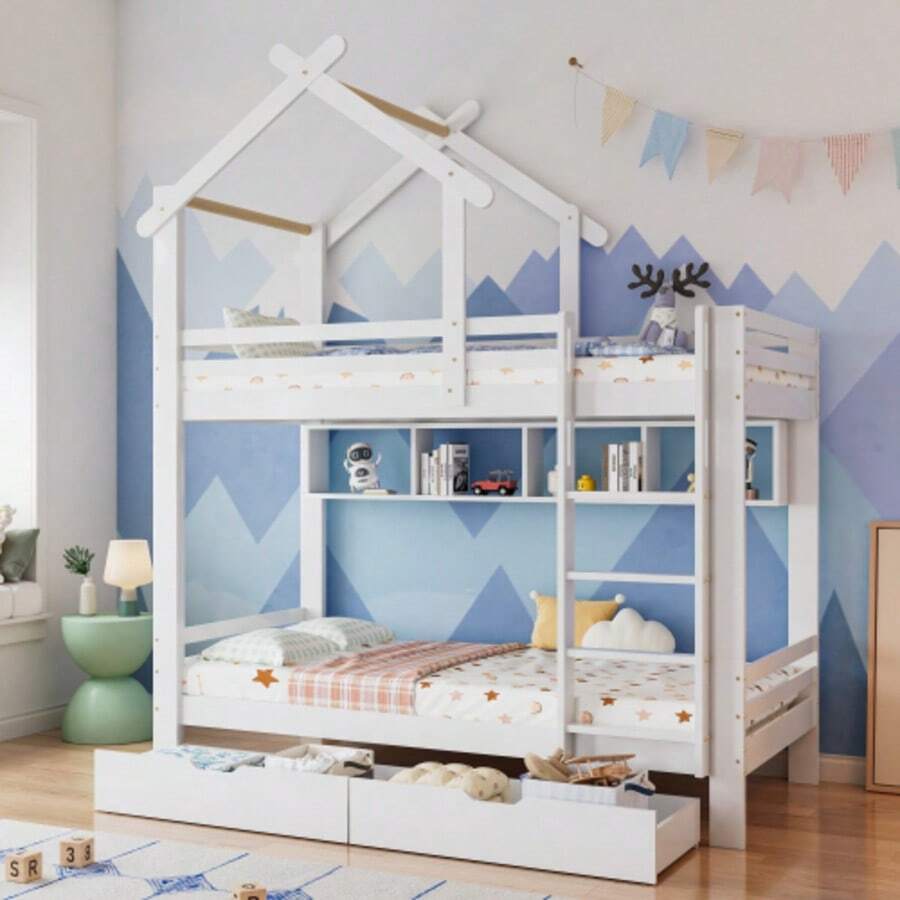 (29945960WAA) Bunk Bed With Drawers And Shelves, House Bed With Three-Step Right-Angled Ladder, Children's Bed With Fall Protection And Railing, Pine Wood Frame, White (90x200cm) - White - View 1