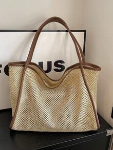 2pcs Spring Straw Large Capacity Handbags, 2026 New Fashion Tote Shoulder Bags, For Travel And Outing - Coffee - View 6