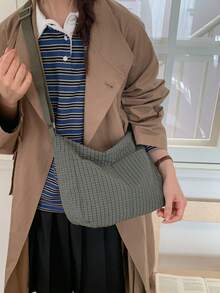 Korean & Japanese Style Plaid Print Fabric Women's Casual Versatile One Shoulder Bag, Front Double Pockets, Lightweight Foldable Zipper Closure Adjustable Long Strap, Suitable For Daily Use, School/College Students, Simple & Cute, Crossbody Bag For Shopping - Multicolor - View 8