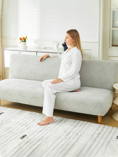 1pc Thickened Plush Jacquard Armless Sofa Bed Cover, Foldable Sofa Bed Slipcover, RV Seat Cover, Elastic Full Coverage Polyester Fiber Armless Sofa Protector, Removable & Washable, All Season