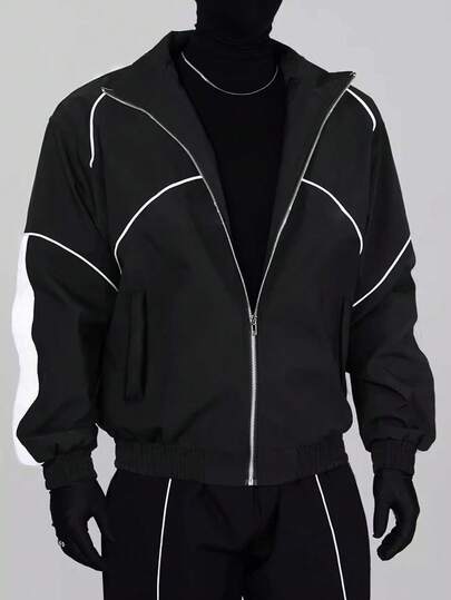 Herrjacka med stående krage och dragkedja, vindjacka med färgblock, lätta, avslappnade sportkläder med justerbara manschetter och fåll, mångsidig för utomhusbruk, pendling, vardagsbruk