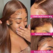 13x6 13x4 HD Clear Frontal Human Blended Hair Straight Wig 34 Inches - 200% High Density Pre-Trimmed Glue-Free Seamless Wig, Women's Brown Straight Frontal Mesh, No Glue Required For Wear - Brown - View 5