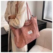Large Capacity Solid Color Simple Corduroy Tote Bag, Tote Bags For Students, Multiple Compartments, Perfect For Beach, School, Work & Daily Use, Literary School Bag For Teens, Book Bag For Women Or Students, Perfect For Books, Shopping, Back To School And More, Perfectly Matching With Fall Outfits Women - 粉色 - 查看 8