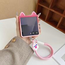 Cute Gradient Pink Cat Ears Phone Case With Pink FFlower Anti-Lost Strap Compatible With Samsung Galaxy ZFlip7 Z Flip6 ZFlip 5 Zflip6 Zflip5 Shockproof Back Cover - Màu hồng chuyển sắc - Xem 7
