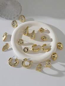 1 Pair - 9 Pairs Of New-Style Retro Cone-Shaped, Spiral, And Irregular Texture Earrings, Made Of Lightweight Resin, Women's Fashion Party And Daily Wear Earrings. - Gold - View 6