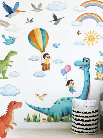 2pcs Cartoon Cute Dinosaur Decorative Wall Stickers, Children's Room Wall Creative Decor Stickers, Sun Hot Air Balloon Children's Room Decor Wall Stickers, Removable Wall Decals For Background