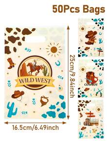 50个西部牛仔主题礼品袋，包含牛仔帽、牛仔靴和牛仔帽图案，适合男孩生日派对、牛仔主题派对装饰、婚礼装饰、婴儿派对装饰、露营野餐包装、购物袋、厨房包装用品、家居装饰，是送给牛仔爱好者的完美礼物。 - 西部牛仔 - 查看 13