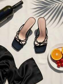 planare 新款女士系带交叉绑带方头细高跟一脚蹬凉鞋，黑色漆皮，优雅款式 - 黑色 - 查看 5