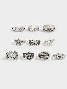 10pcs/Set Vintage Dark Style Open Rings, Dice/Feather Multi-Element Ring Set, Unisex, Suitable For Casual Wear With Hoodies/ Outfits - Silver - View 1