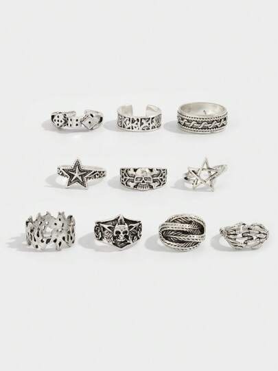 Set de 10 anillos abiertos de estilo vintage oscuro, set de anillos con elementos múltiples como dados/plumas, unisex, adecuado para usar de forma casual con sudaderas/atuendos sexys