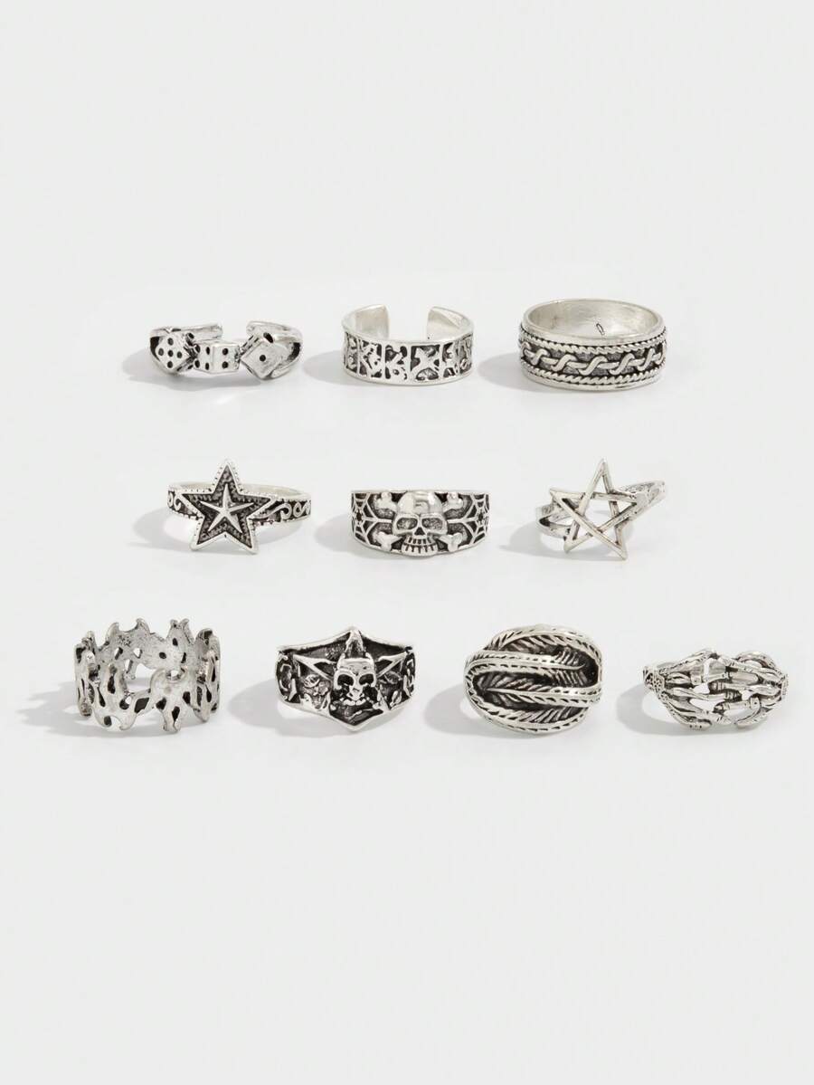 10pcs/Set Vintage Dark Style Open Rings, Dice/Feather Multi-Element Ring Set, Unisex, Suitable For Casual Wear With Hoodies/ Outfits - Silver - View 1