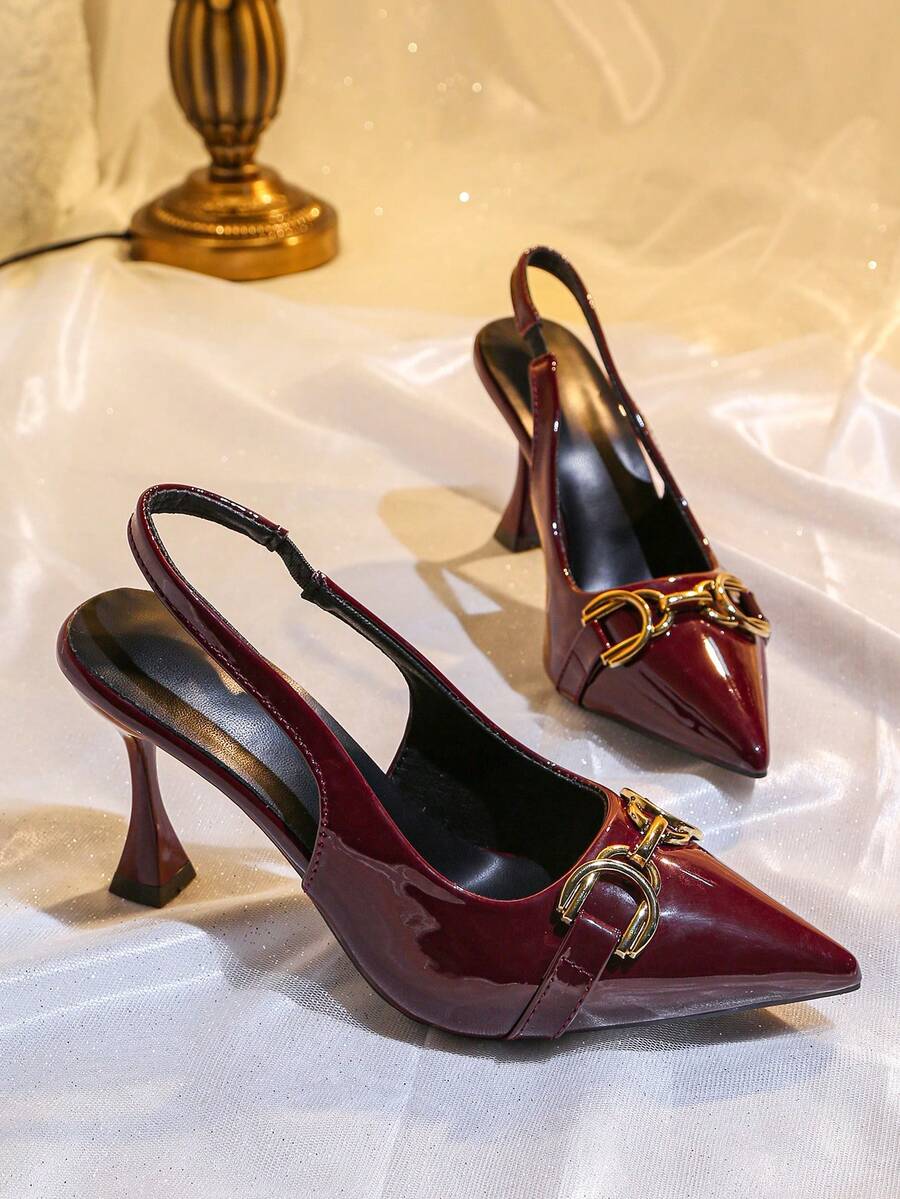 女士尖头金属搭扣高跟派对鞋 - 酒紅色 - 查看 1