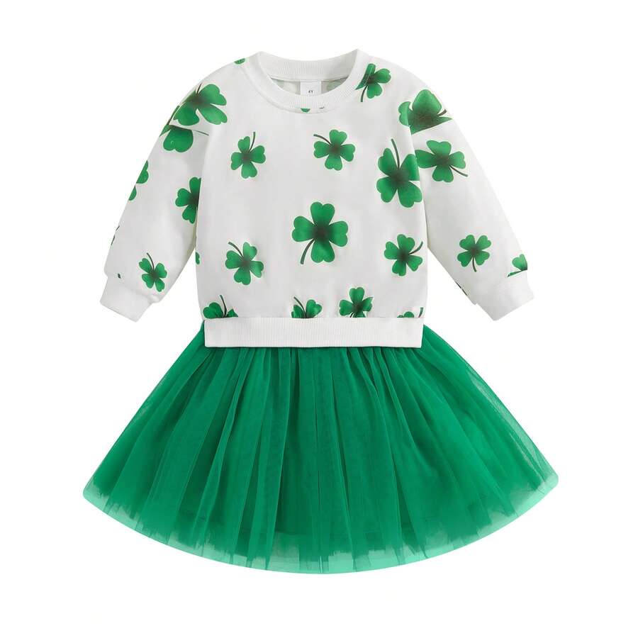 2Pcs/ Set Toddler Baby Girl St Patricks Day Dress Outfit Shamrock Clover Long Sleeve Sweatshirt Tulle Tutu Skirt Dress Clothes 0-5Years (White And Green) - 杏色 - 查看 1