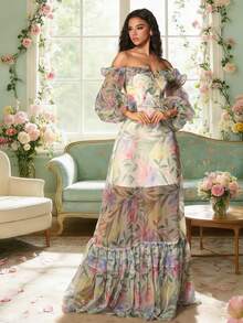 VIPGIRL New Arrival Blue Lantern Sleeve Off-Shoulder Printed Elegant High-End Design Mesh Women's Evening Gown - Green - View 4