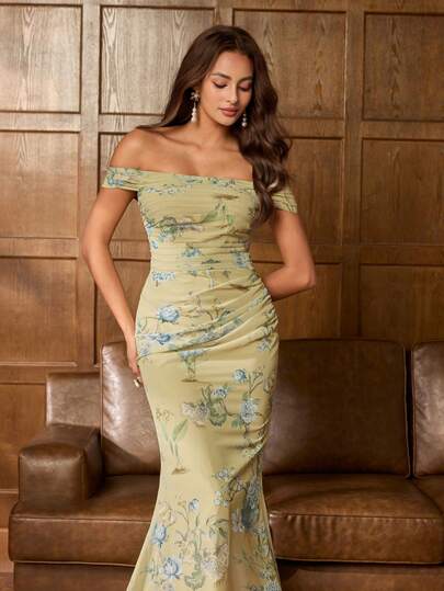 Faeriesty 优雅露肩连衣裙：印花修身连衣裙，露背设计，可调节肩带，弹力轻盈面料，飘逸廓形——完美适用于新娘写真、花园婚礼宾客、周年庆典、浪漫之旅、室内正式场合。