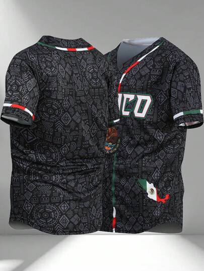 Men's Embroidered Baseball Jacket, Black Casual Short Sleeve V-Neck Button T-Shirt, Party & Sports Wear