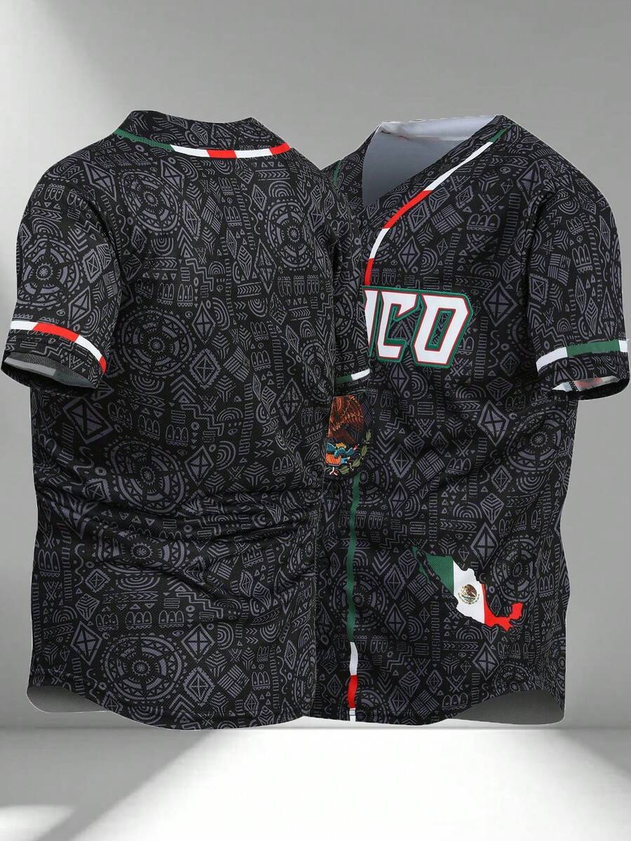 Men's Embroidered Baseball Jacket, Black Casual Short Sleeve V-Neck Button T-Shirt, Party & Sports Wear