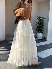 2026 Spring Women's High Waist Slimming Lace Embroidered Pleated Mesh Patchwork A-Line Skirt - Apricot - View 5