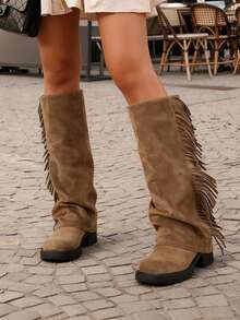 Slouchy Fringe Western Cowboy Boots For Women, Knee High Low Heel Cowgirl Boots, Suede Boots For City Walk, Music Festival & Country Concert - màu nâu - Xem 3