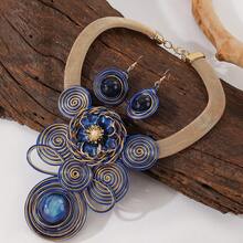1 Set Exaggerated Multi-Layer Handmade Heavy Aluminum Wire Woven Resin Chain Bohemian European Middle Eastern European Korean Version Evening Party Holiday Beautiful Lady Artificial Crystal Alloy Flower Necklace Earrings - Royal Blue - View 7