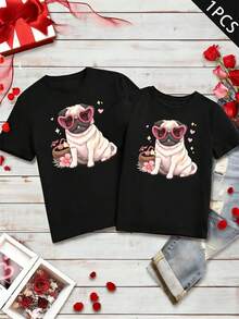 Couple Pug Dog Print Matching TShirt Fall, Crew Neck, Relaxed Fit, Casual, Comfort Fit, Unique Graphic Print - MenBlack-1PC - View 2