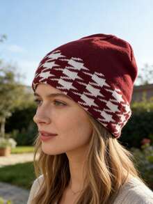 1顶千鸟格提花针织帽，百搭休闲街头风，适合春、秋、冬三季，男女皆宜，多种颜色可选，情人节好礼 - 半千鳥格針織帽 - 查看 17