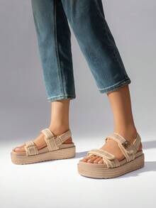 Women's Arch Support 1.61-Inch Platform Wedge Sandals Comfortable Open Toe Casual Dressy With Adjustable Straps PP Straw Shoe Upper For Beach Vocation Flat Summer Apricot Sandals - Màu be - Xem 3