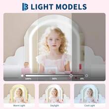 Tocador infantil con espejo iluminado, tocador y taburete 2 en 1 para niñas, tocador con cajón y estantes abiertos, regalo para niñas de 3 a 9 años. - Blanco - Ver 5