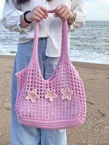 2026 Fashion Spring/Summer Women's Retro Vacation Style Beach Bag, Hand-Woven Shoulder Strap Crochet Large Capacity Bag, Foldable, Hollow Out Elegant Women's Tote Bag, Travel Essential, Suitable For Dating, Outings, Shopping, Vacation Must-Have, Cruise Essential, Perfect As A Mother's Day Gift, Valentine's Day Gift, Or Teacher's Day Gift. - Multicolor - View 1