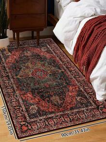 1pc Vintage Distressed Style Rug, Red Bohemian Moroccan Polyester Fiber Comfortable, Rectangular Easy Care Washable Area Carpet For Living Room, Hallway, Bedside, Home Decor