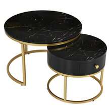 (Original Reference: WF303615AAA) Modern Nesting Coffee Table, Glossy Marble Pattern, Set Of 2 Round Coffee Tables, Round Nesting Side Table - Black - View 11