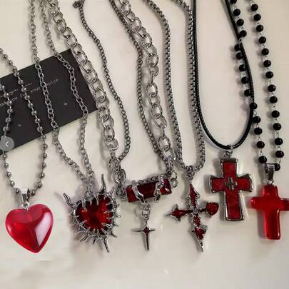 Gothic Style Red Heart Thorn Cross Chain, Unisex Charm Punk Rock Y2K Accessory (This Card Is Only For Photography And Shooting Purposes)