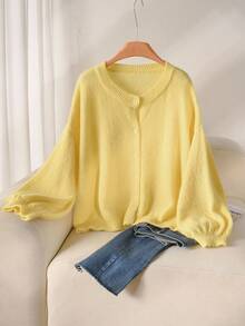 Pretty and Ole Cardigan basique jaune à col rond, ample et décontracté, grande taille - Jaune citron - Voir 3