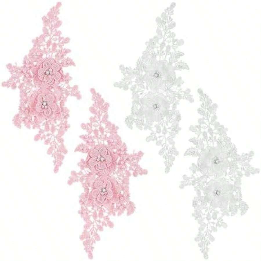 4Pcs Floral Lace Appliques Embellishments Pink White Floral Embroidery Applique 3D Lace Appliques Pearl Beaded Flower Rhinestone Crystal Sew On Patches For Making Clothes Wedding Gowns Costumes Supply - / - 查看 1