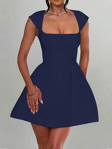 WOWDARK 夏季蓝色情人节连衣裙 时尚短袖方领无袖A字迷你派对连衣裙，优雅适合情人节、约会、聚会、派对、旅行、度假、海滩婚礼等场合。 - 藏蓝色 - 查看 3