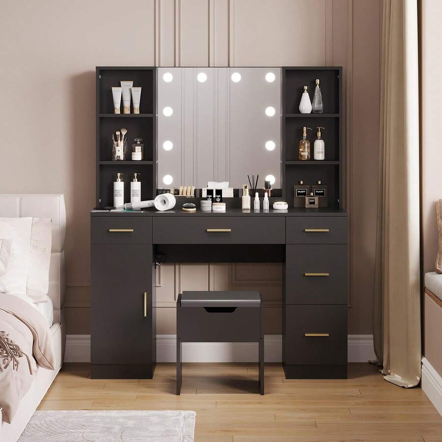 Farmhouse - Juego de Cambiador con Espejo Iluminado, Cambiador de Maquillaje Moderno de 56 Pulgadas con estación de Carga y estantes de Almacenamiento, Cambiador de recámara para Mujeres y - Negro - Ver 1