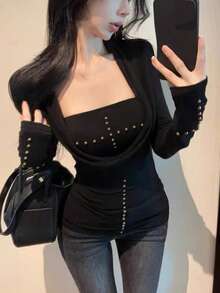 2pcs Black Edgy Studded Cross Long Sleeve Base Layer Top, Sexy Fitted Blouse For Early Spring - Black - View 1
