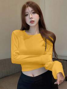 女士基本款纯色长袖T恤，性感简约休闲分层上衣，适合初秋穿着 - 黃色 - 查看 6