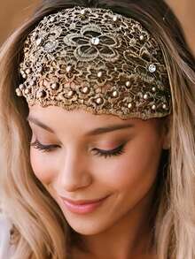 优雅镂空蕾丝花朵图案发箍，弹性发箍配仿珍珠吊坠，宽水晶发带，女士日常派对节日装饰礼品 - 多色 - 查看 5