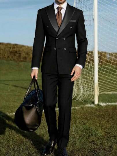 2pcs Men's Double-Breasted Wedding Host Banquet Suit Set, British Style High-End Notched Collar Blazer + Pants