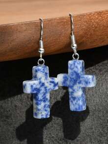 Natural Stone Cross Earrings, Vintage Personalized Design Turquoise & Amethyst & Rhodochrosite Pendant Earrings - Multicolor - View 13