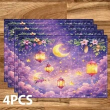 1/4/6 Pcs Set, Ramadan Placemats, Linen Dining Table Mats With Traditional Lantern Pattern, Washable Printed Tablecloths, Surface Protective Pads, Ideal Decor For Holiday Kitchen And Family Gatherings - Multicolor - View 1