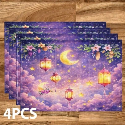 1/4/6 Pcs Set, Ramadan Placemats, Linen Dining Table Mats With Traditional Lantern Pattern, Washable Printed Tablecloths, Surface Protective Pads, Ideal Decor For Holiday Kitchen And Family Gatherings