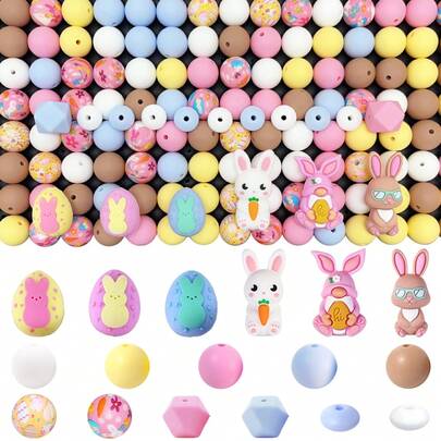 32/39/44/62/80pcs Easter Bunny Egg Silicone Bead Set - Easter Themed Bunny And Egg Shaped Design - Cute Animal Character Beads - Various Colors And Patterns | Playful Designs | Smooth Finish Beads - Great For DIY Keychain, Necklace, Bracelet, Decorative Pen, Jewelry And Pendant Crafts - Suitable For Holiday And Birthday Gifts