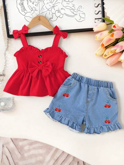 2pcs Baby Girls' Sweet Outfit, Red Camisole Top With Bow Decor & Cherry Print Shorts, Breathable & Comfortable Cute Summer Suit For Toddler Outings, New Stylish & Lively Daily Wear