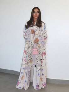 两件套印花开衫长袍，含头巾，中东迪拜风格外套 - 白色 - 查看 4