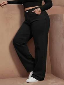 Jeans de pierna ancha para mujer talla grande, diseño de bolsillo lavado largo, sin estiramiento, adecuado para uso diario en primavera - Negro - Ver 4