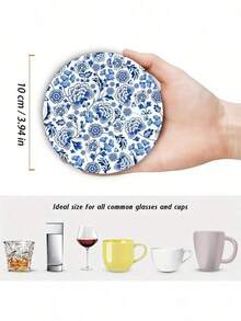 4pcs Colorful Printed Wooden Coasters - Coffee, Blue & White Floral Pattern, Suitable For Home Decor And Kitchen Use, Home Decor And Tabletop Protection Drink Mats - Perfect Holiday Gift Idea - Multicolor - View 3